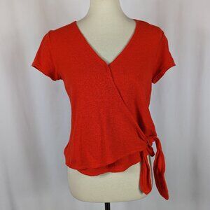 Madewell Texture & Thread Wrap Tie Top Red Short Sleeve Faux Wrap Cropped Sz S